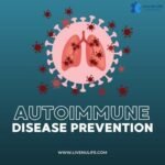 Person practicing yoga, eating healthy foods, and managing stress as part of autoimmune disease prevention lifestyle.