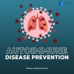 Person practicing yoga, eating healthy foods, and managing stress as part of autoimmune disease prevention lifestyle.