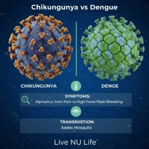 Comparison chart showing differences between chikungunya and dengue symptoms. 