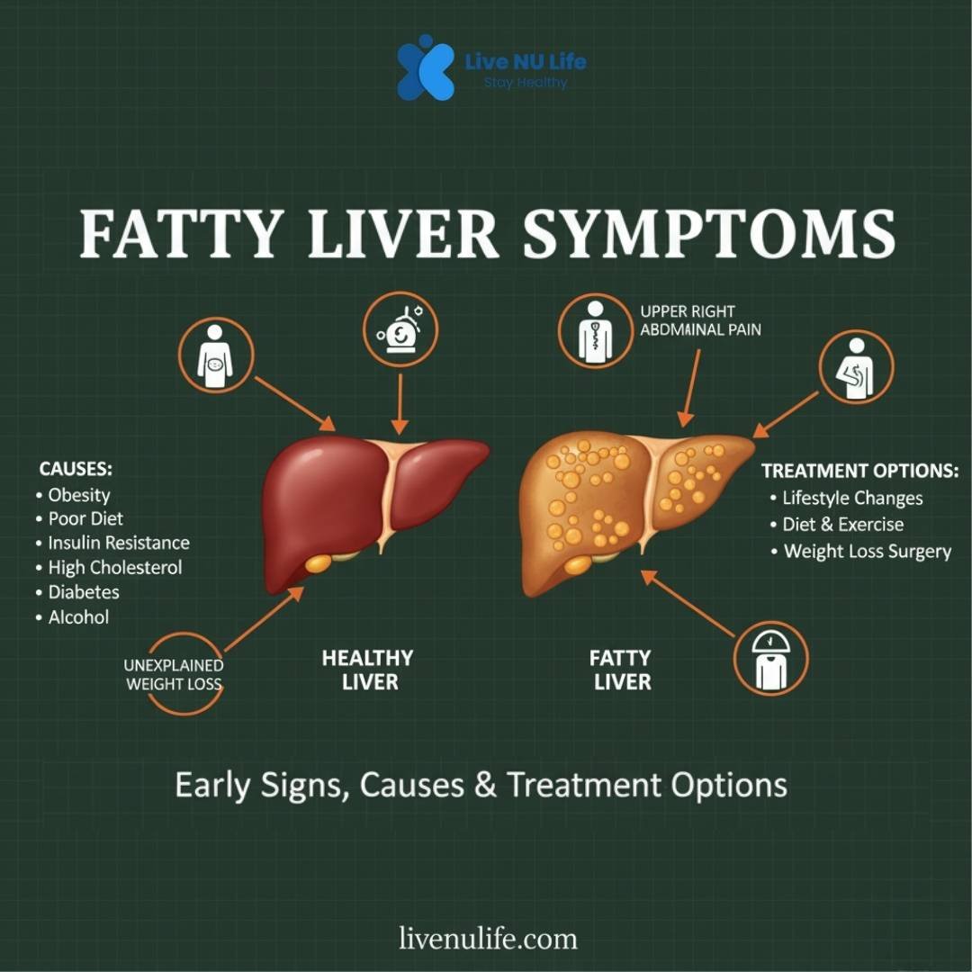 Doctor showing a patient common fatty liver symptoms such as fatigue and abdominal discomfort.