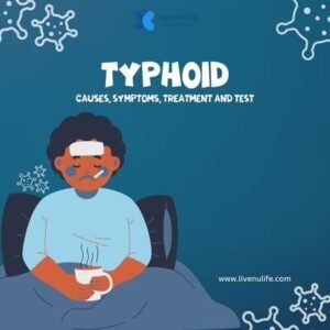 Doctor explaining typhoid symptoms and prevention to a patient with medical charts in the background.