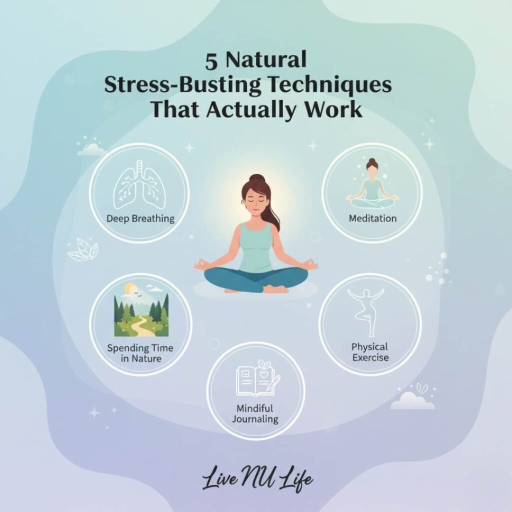 5 Natural Stress-Busting Techniques That Actually Work - Person practicing relaxation and mindfulness to relieve stress naturally.