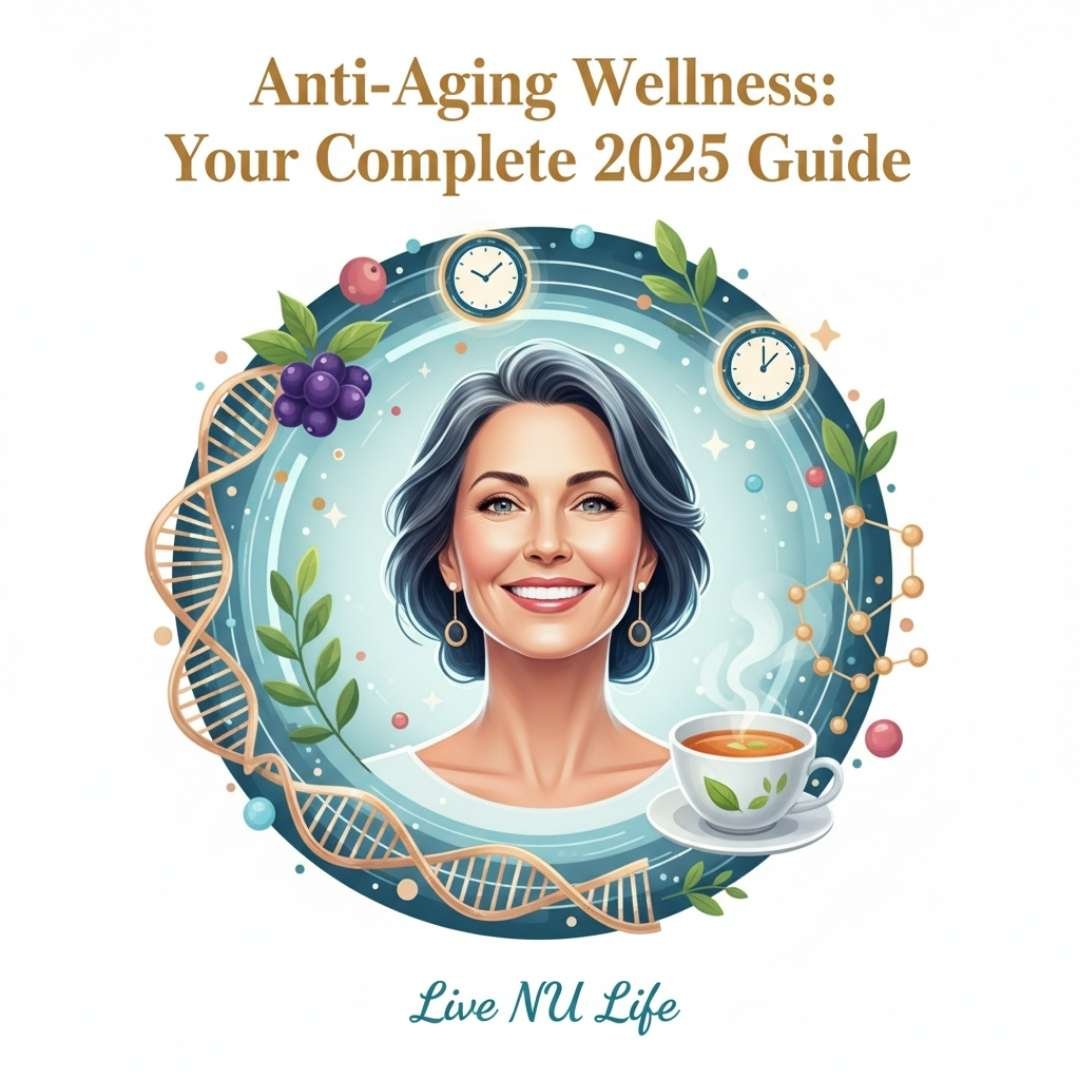 Healthy woman practicing anti-aging wellness with skincare and nutrition.