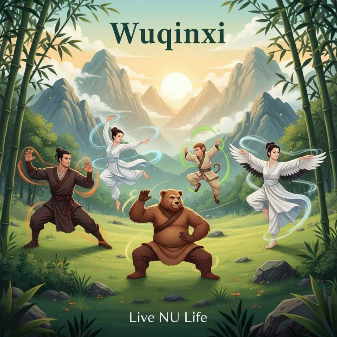 People practicing Wuqinxi Qigong inspired by five animal movements.