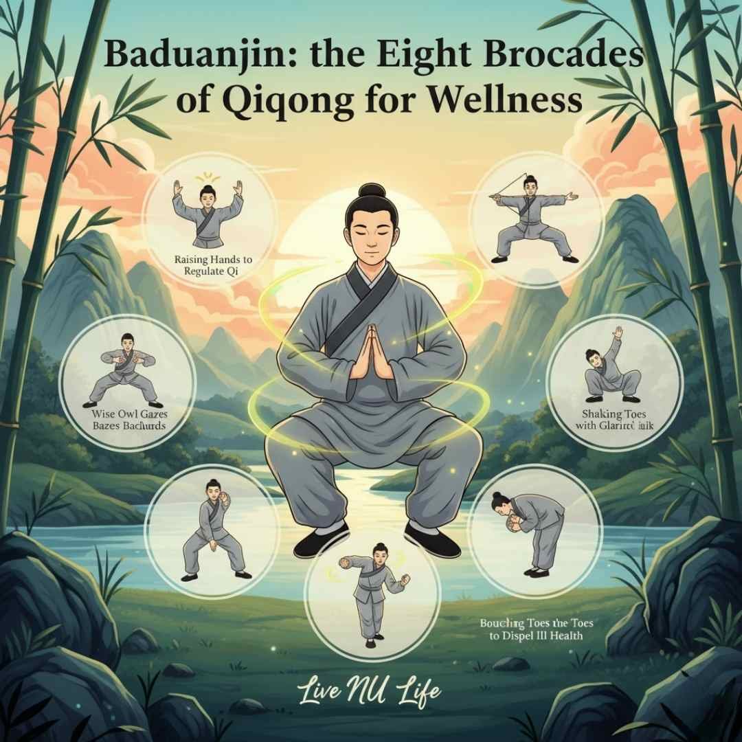 Group practicing Baduanjin Qigong movements in a park.