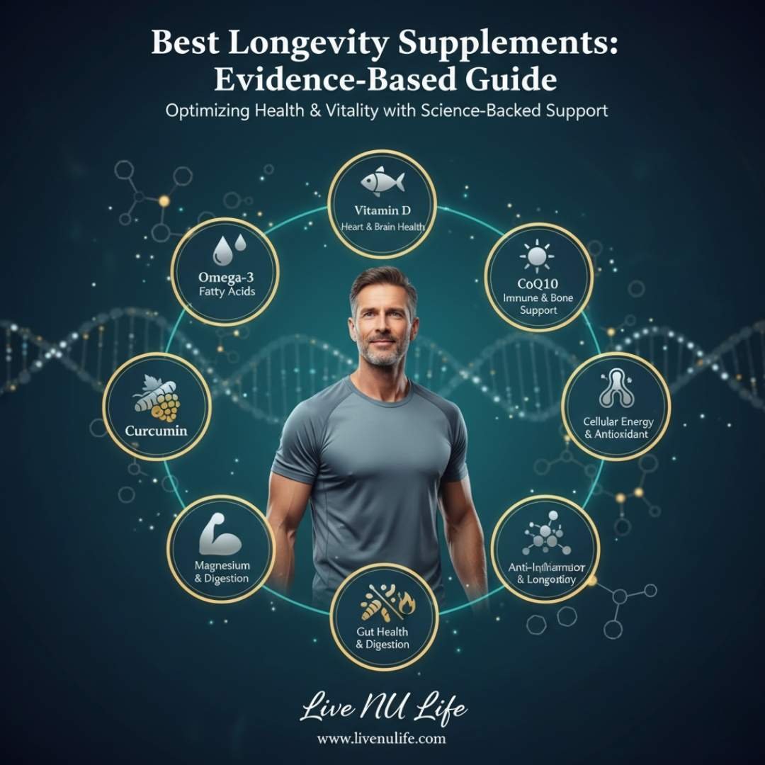 Best Longevity Supplements Evidence-Based Guide - Various longevity supplements like NMN, resveratrol, and CoQ10 on a table.