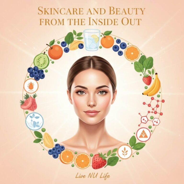 Healthy woman practicing anti-aging wellness with skincare and nutrition.