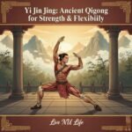 Person practicing Yi Jin Jing Qigong exercises outdoors.