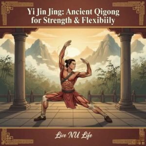 Person practicing Yi Jin Jing Qigong exercises outdoors.