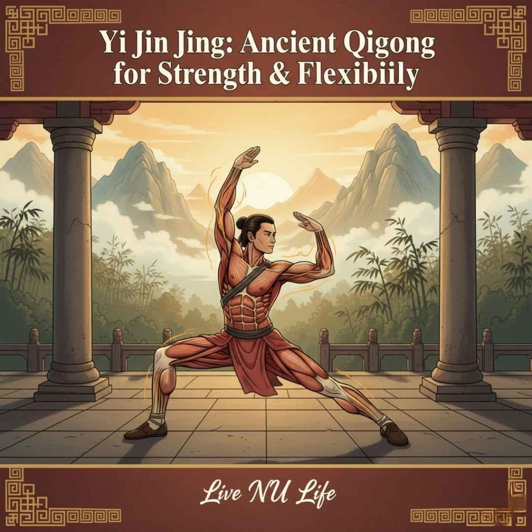 Person practicing Yi Jin Jing Qigong exercises outdoors.