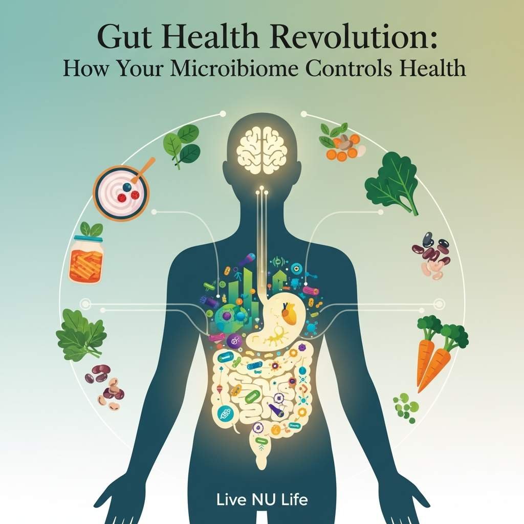 Gut Health Revolution concept showing a healthy microbiome improving digestion and immunity.