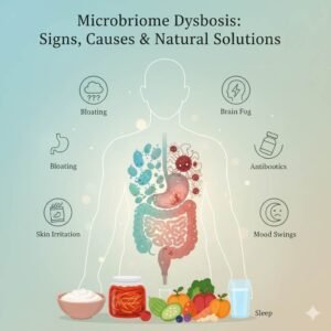 Graphic showing Microbiome Dysbiosis with imbalanced gut bacteria and digestive issues.