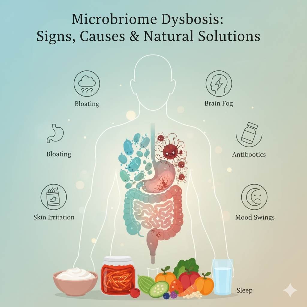 Graphic showing Microbiome Dysbiosis with imbalanced gut bacteria and digestive issues.