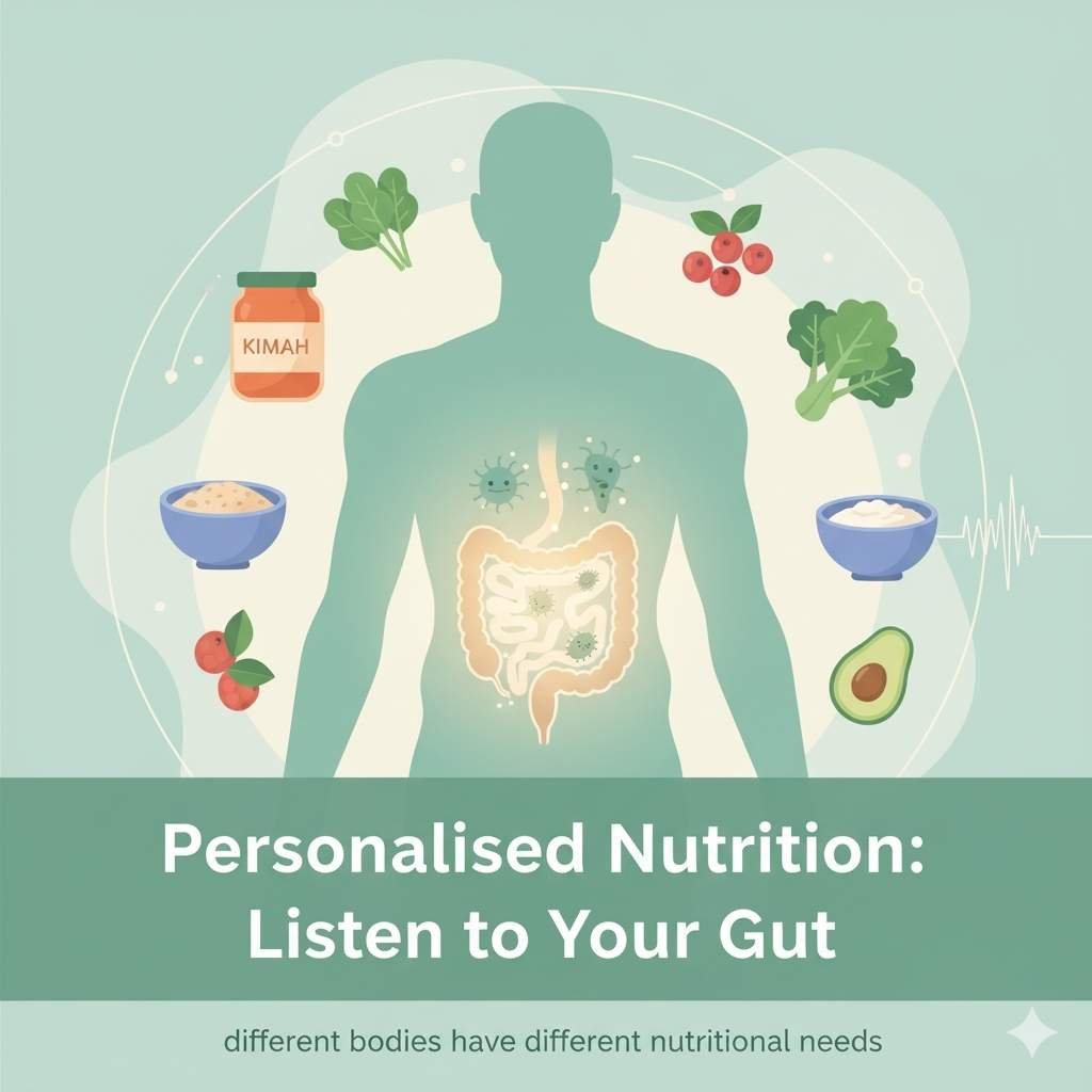 Illustration explaining Personalised Nutrition Based on Your Gut Bacteria with microbiome and healthy food elements.