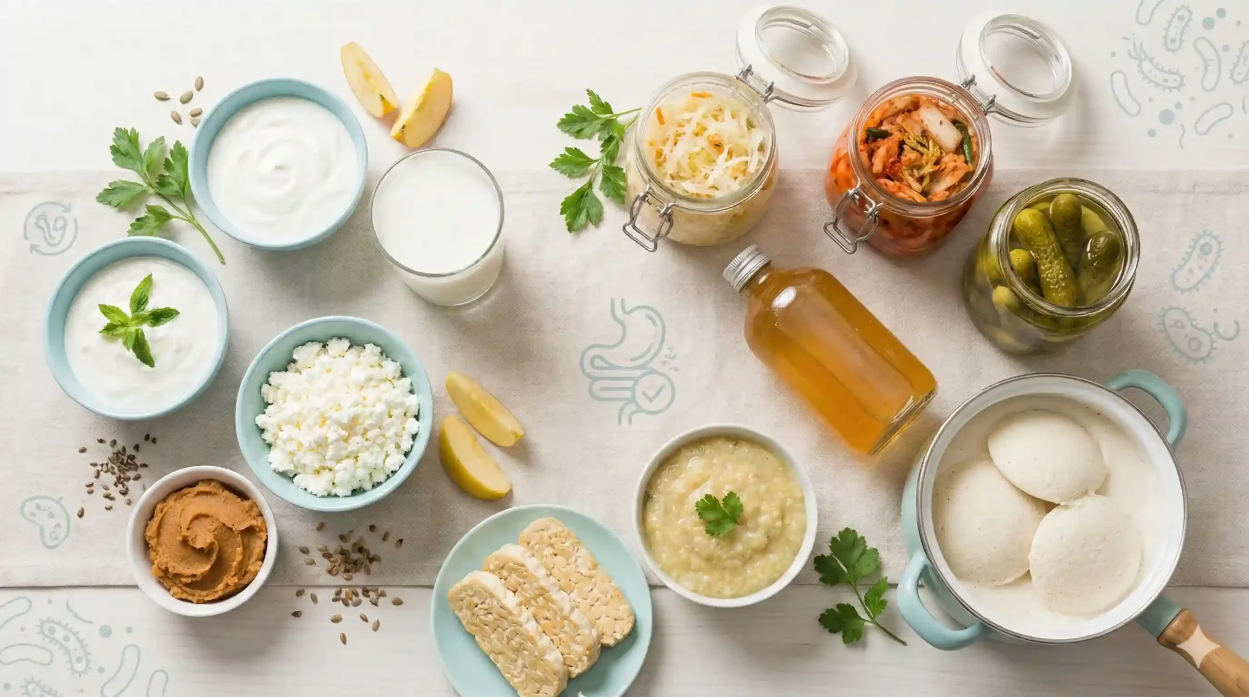 A variety of probiotic foods arranged on a table, highlighting top probiotic foods for digestive health.
