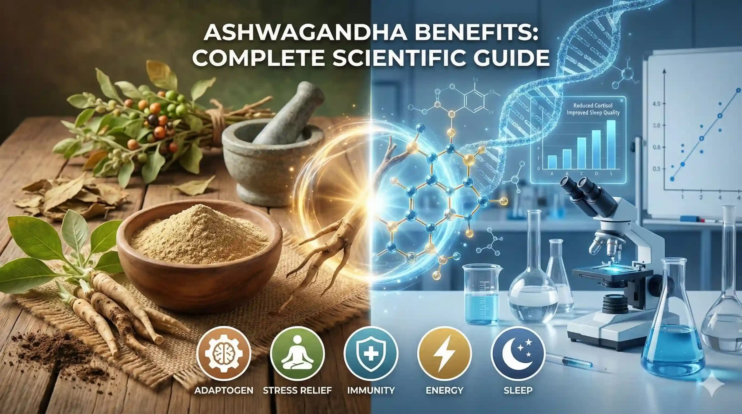 Ashwagandha Benefits: Complete Scientific Guide with roots and herbal supplement illustration.