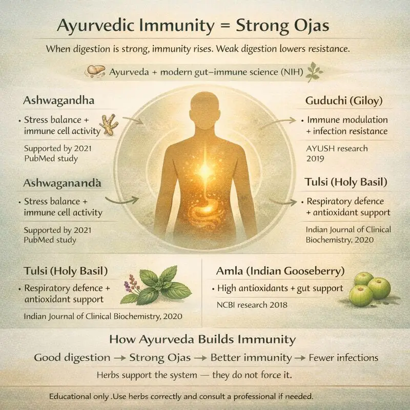 Best Ayurvedic Herbs to Naturally Boost the Immune System shown with Tulsi, Ashwagandha, Giloy, and Amla.