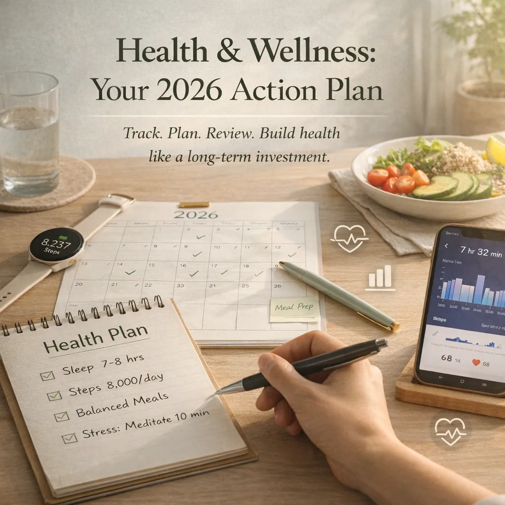 Health and Wellness: Your 2026 Action Plan focusing on fitness, nutrition, mental balance, and lifestyle planning.