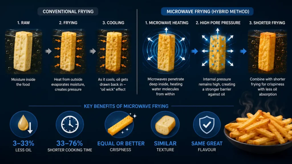 The Physics of Why Microwave Frying Reduces Oil Absorption